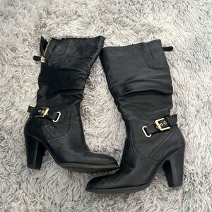 Guess Black Heeled Boots with Gold Buckles